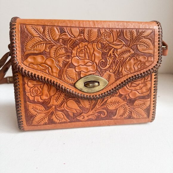 Vintage Leather Hand Tooled Floral Leaf Print Custom Made Structure Shoulder Bag - Picture 4 of 11